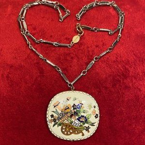 VTG FREIRICH Designer Silver Enamel Cloisonne Flower Pendant Necklace
